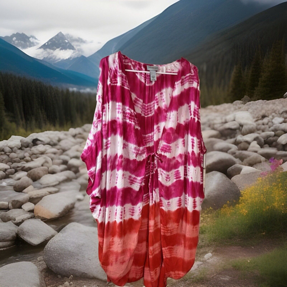 2X/3X Catherines Cool Hippie Pink N Orange Tie Dyed Shell Coverup Or Duster - Picture 5 of 10